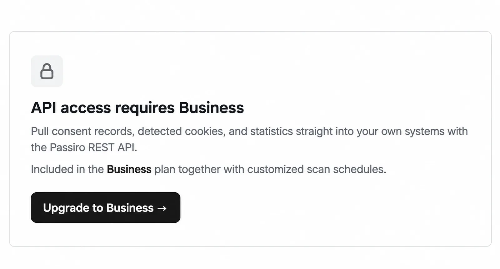 The API page explaining that API access requires Business, with the Upgrade to Business button.