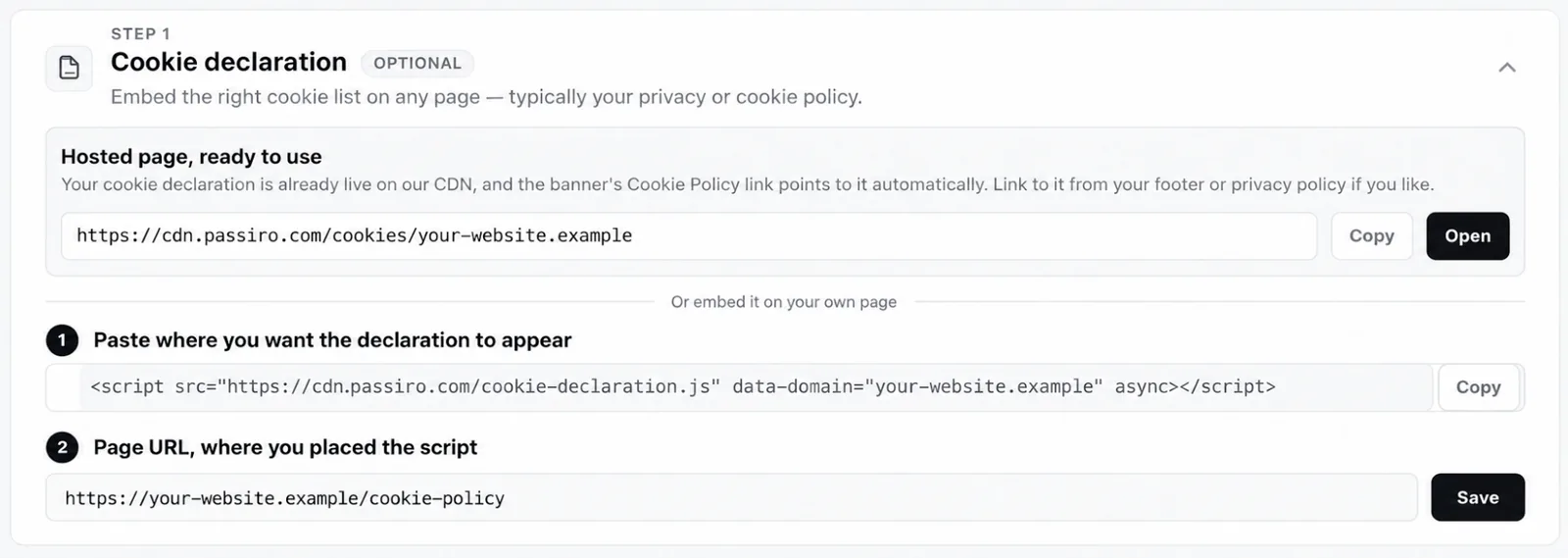 The Cookie declaration step in Implementation with the hosted page URL, the embed snippet and the Page URL field.