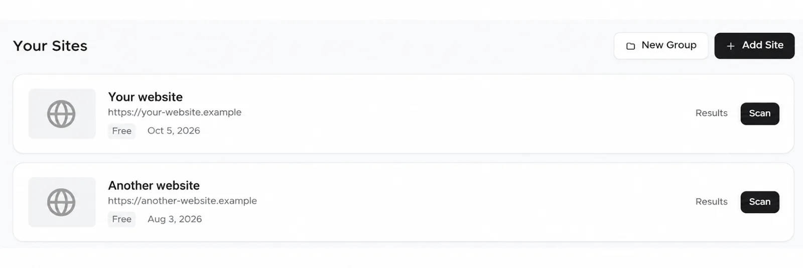 The Your Sites list in the account dashboard with two example websites and the Add Site button above the list.