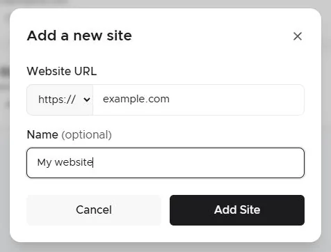 The Add a new site dialog with https:// selected, example.com in Website URL and My website as the optional name.