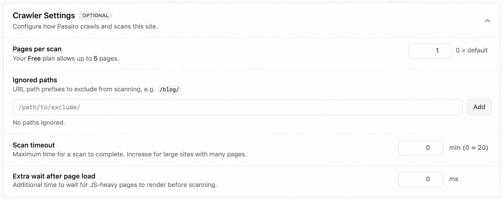 Crawler Settings with Pages per scan, Ignored paths, Scan timeout and Extra wait after page load.