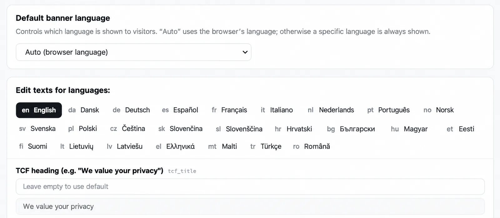 Translations with Default banner language set to Auto (browser language) and the languages whose texts you can edit.