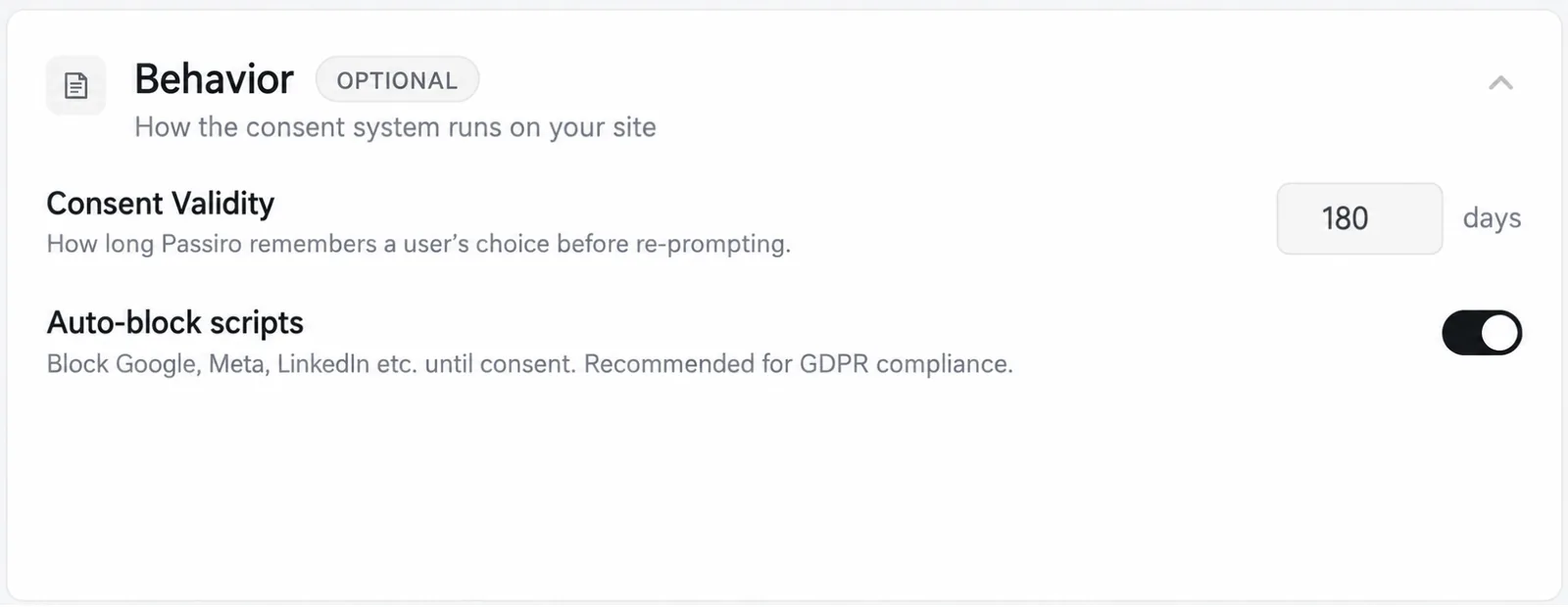 Behavior in Implementation with Consent Validity in days and the Auto-block scripts switch.