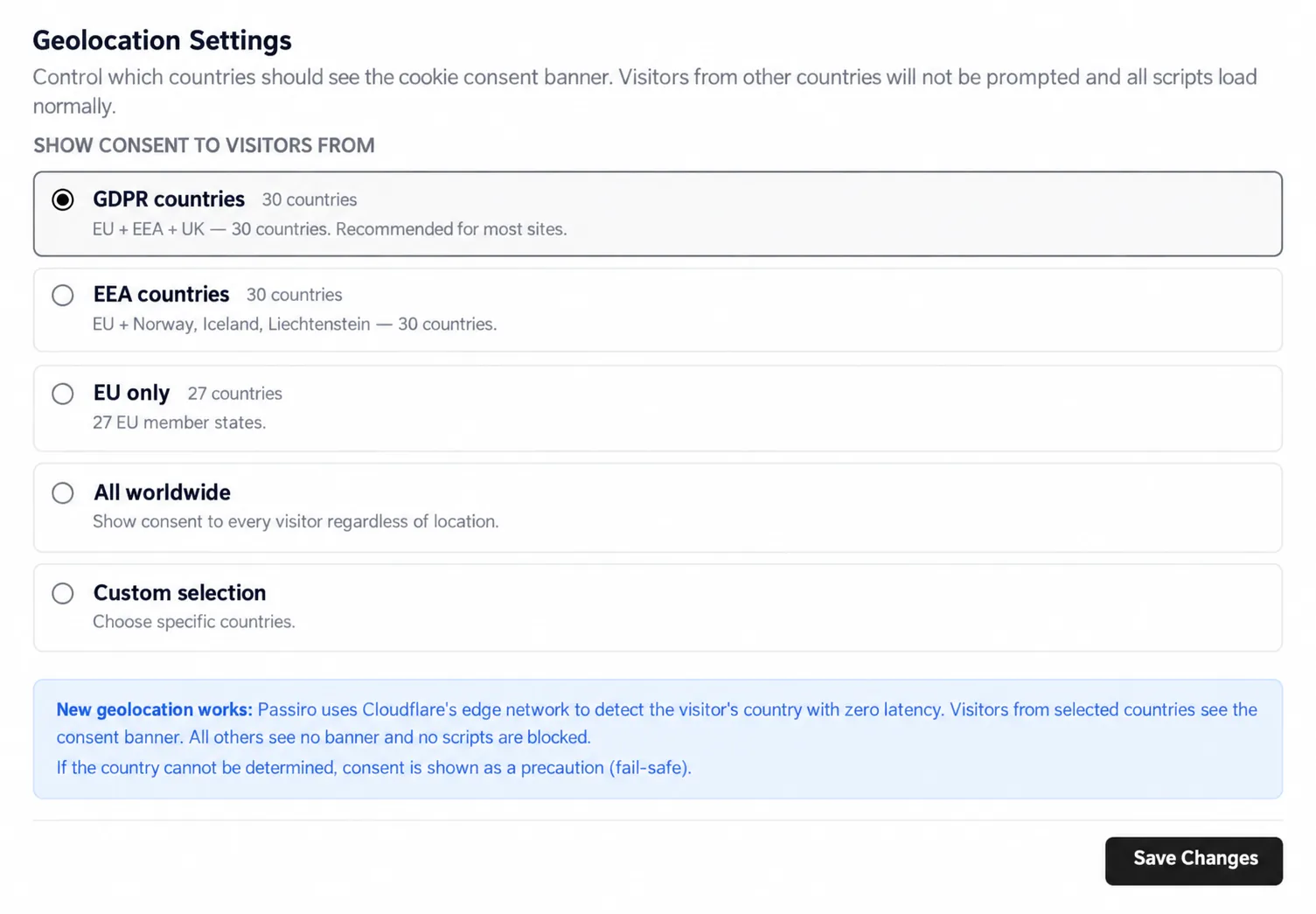 Geolocation Settings with the country groups under Show consent to visitors from and the Save Changes button.