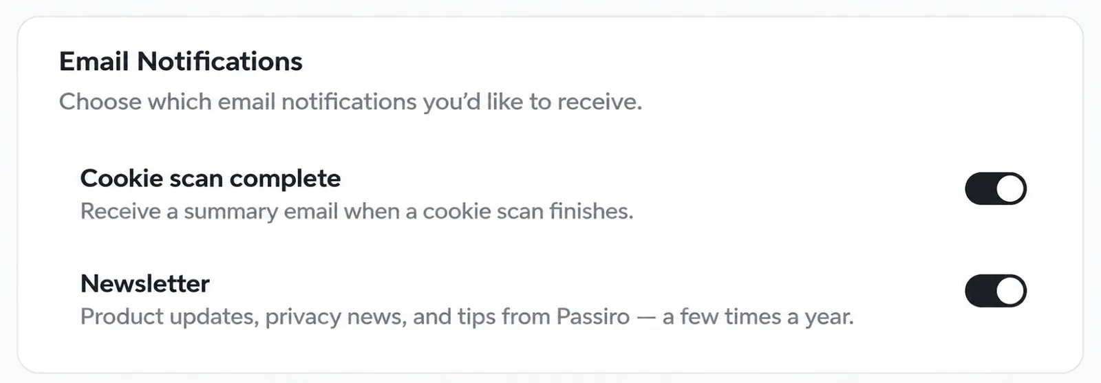 Email Notifications with separate switches for Cookie scan complete and Newsletter.