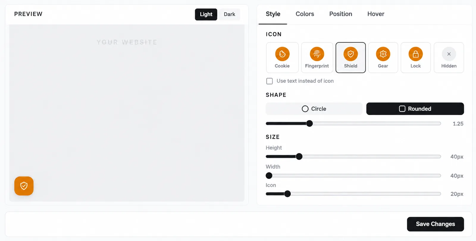 Button Design with a preview of the settings button and the icon, shape and size controls of the Style tab.