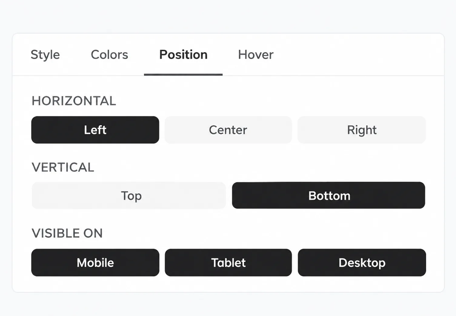 The Position tab with horizontal and vertical placement and the devices the button is visible on.