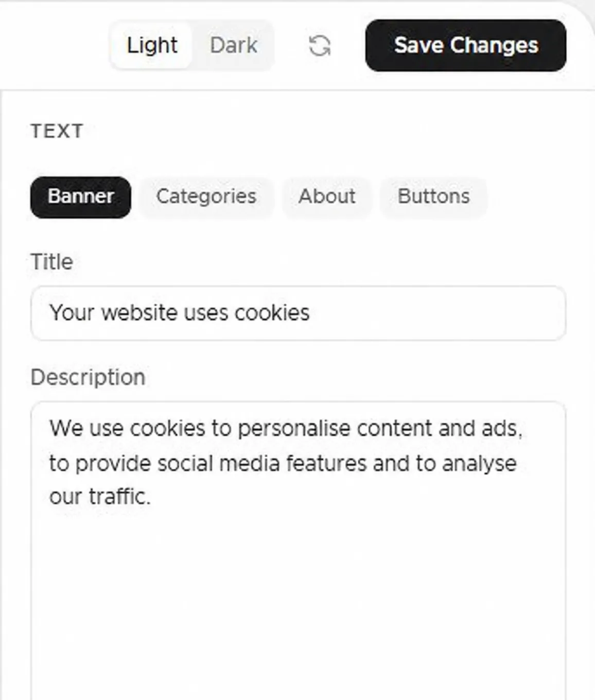 The Text panel with the Banner tab open and the Title and Description fields.