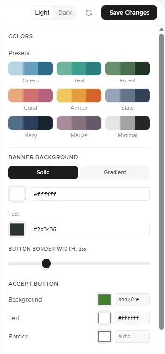 The Colors panel with color presets and color fields for the banner background, text and accept button.