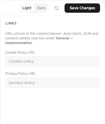 The Links panel with the Cookie Policy URL and Privacy Policy URL fields below the Save Changes button.