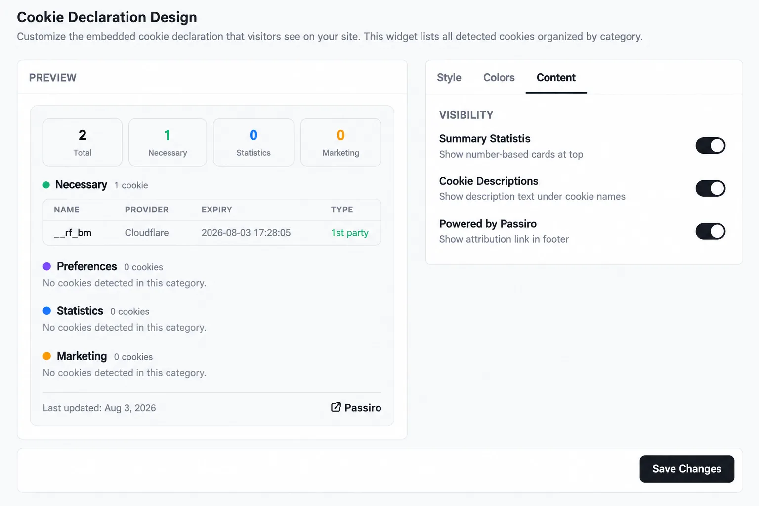 Cookie Declaration Design with a preview of the declaration grouped by category and the visibility switches of the Content tab.