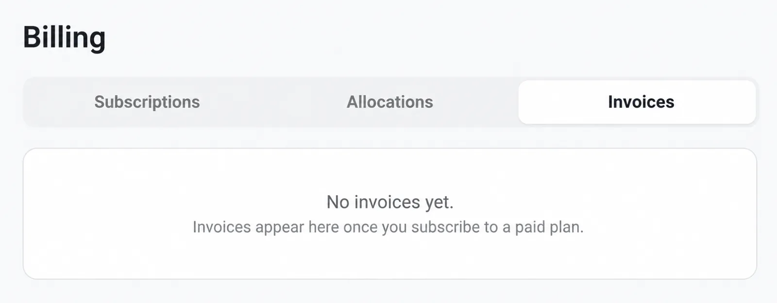 The Invoices tab in Billing showing the message No invoices yet.