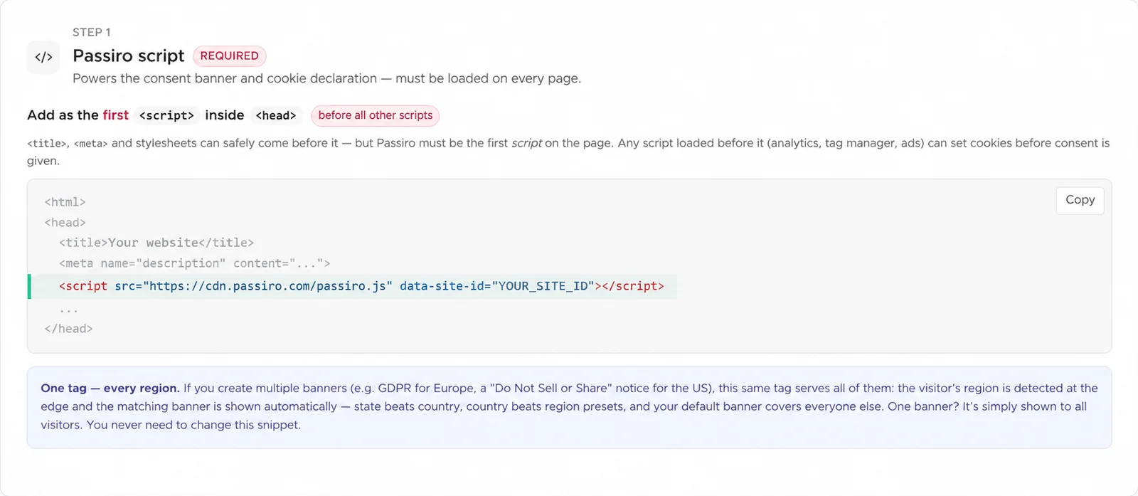 The Passiro script step in Implementation, showing where the script goes in the page head and the Copy button.