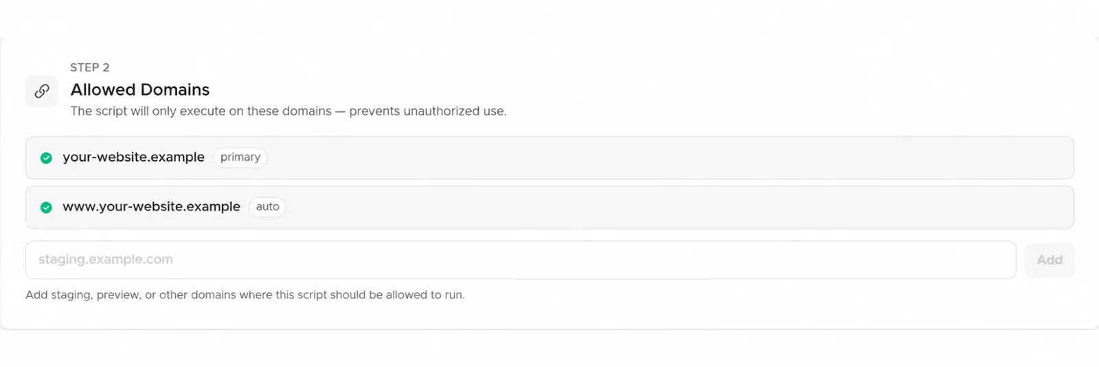 Allowed Domains with the primary domain, its www version and a field for adding a staging domain.