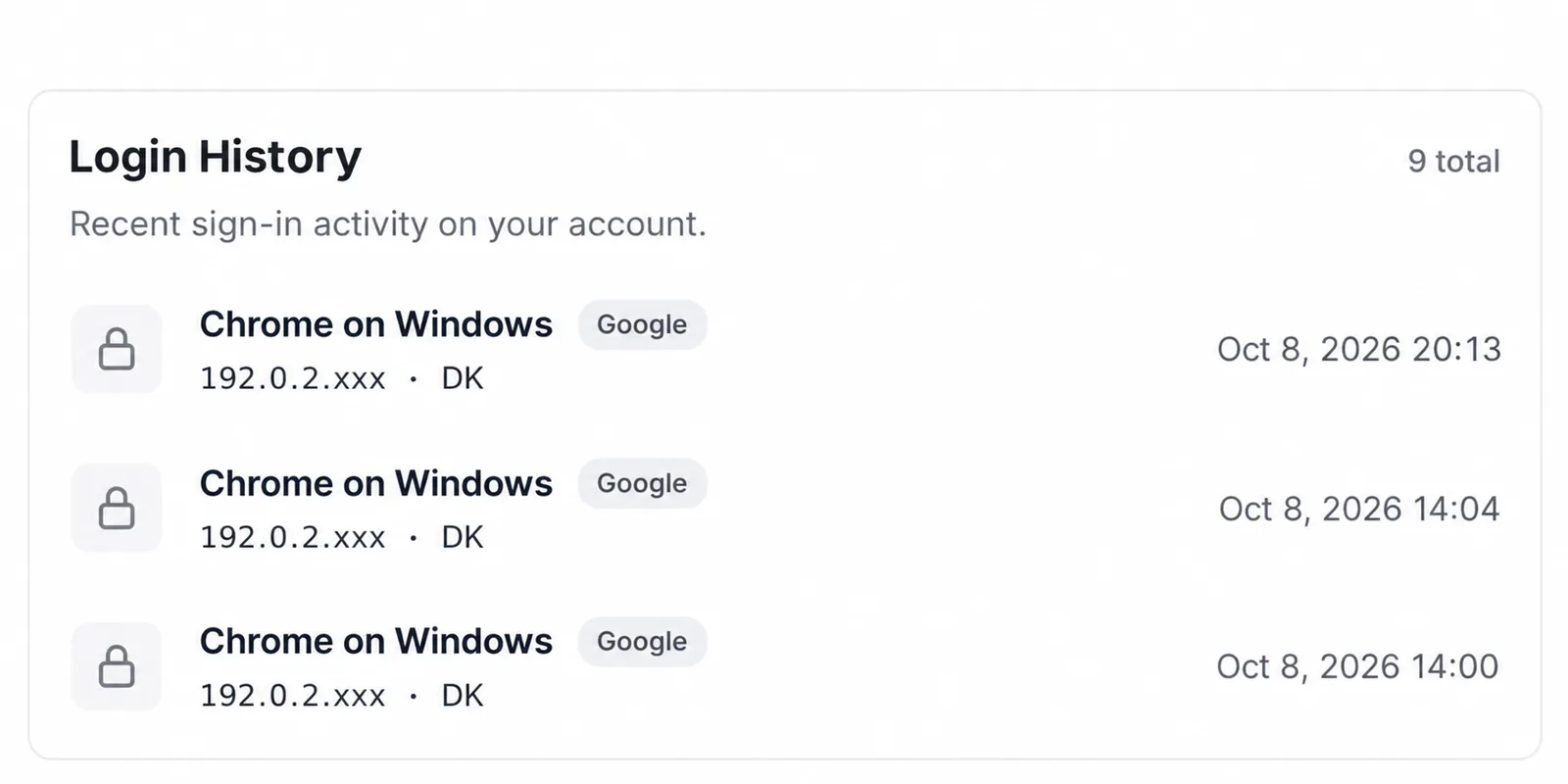 Login History with recent sign-ins listing the browser, sign-in method, masked IP address, country and time.