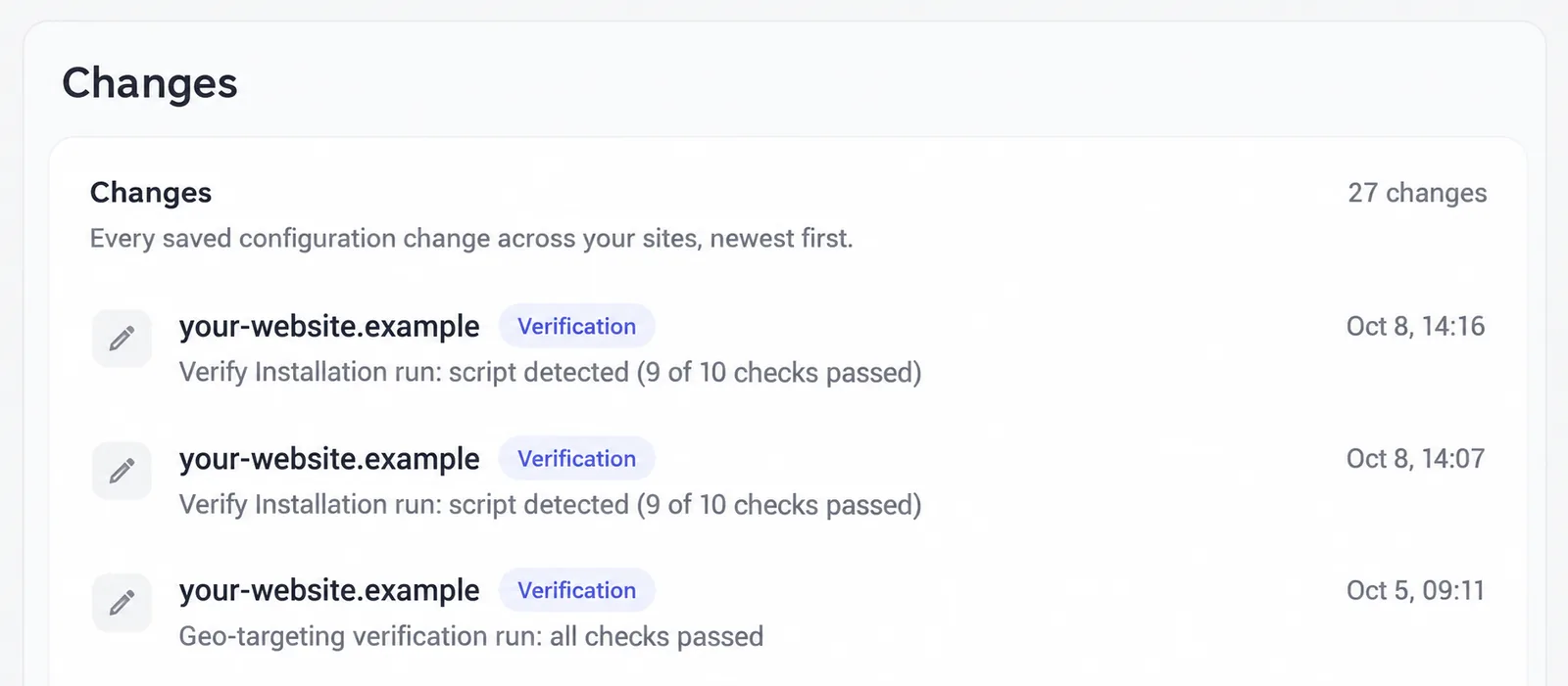 Changes with saved configuration changes and verification events for each website, newest first.