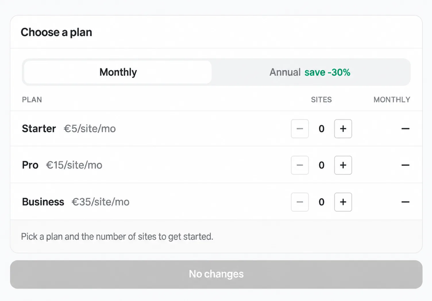 Choose a plan with Monthly and Annual billing and plus and minus controls for the number of sites on each plan.