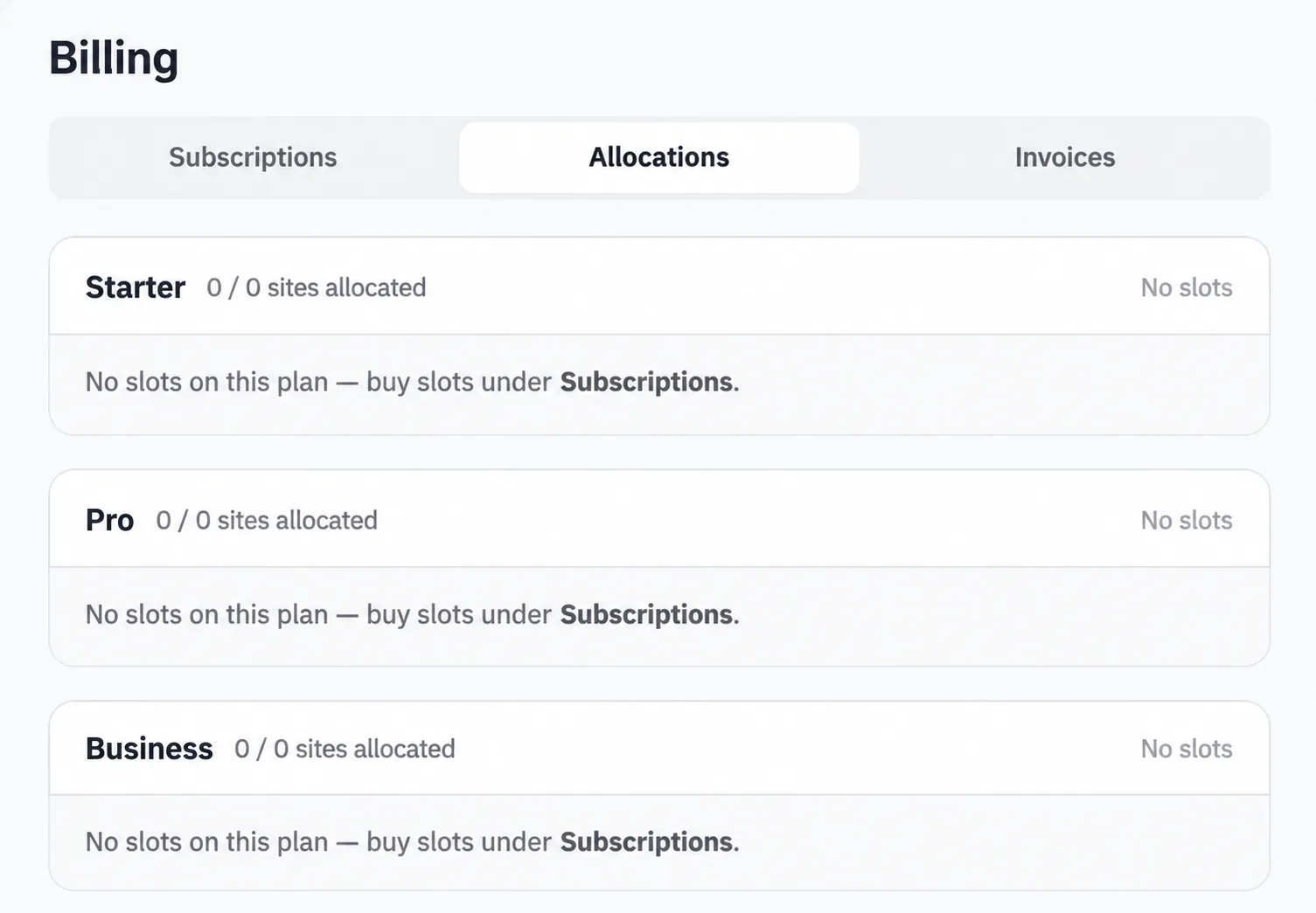 The Allocations tab in Billing with the site slots allocated on each plan.