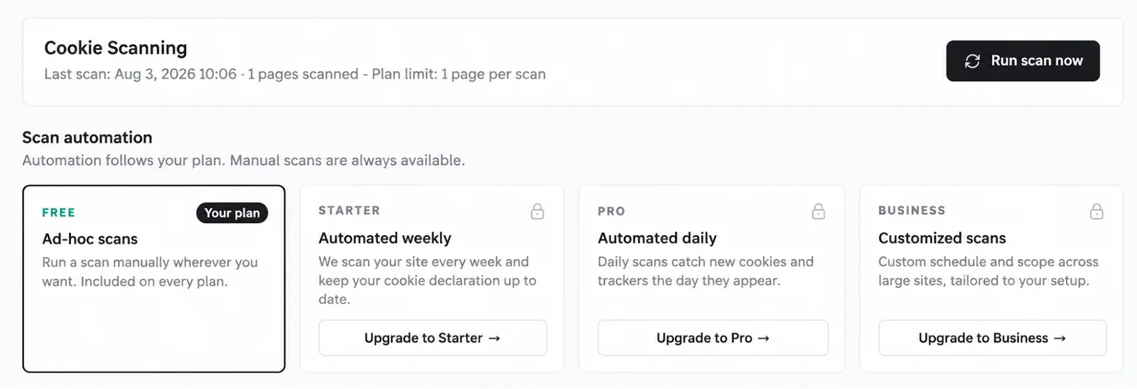 Cookie Scanning with the Run scan now button and the scan automation available on each plan.
