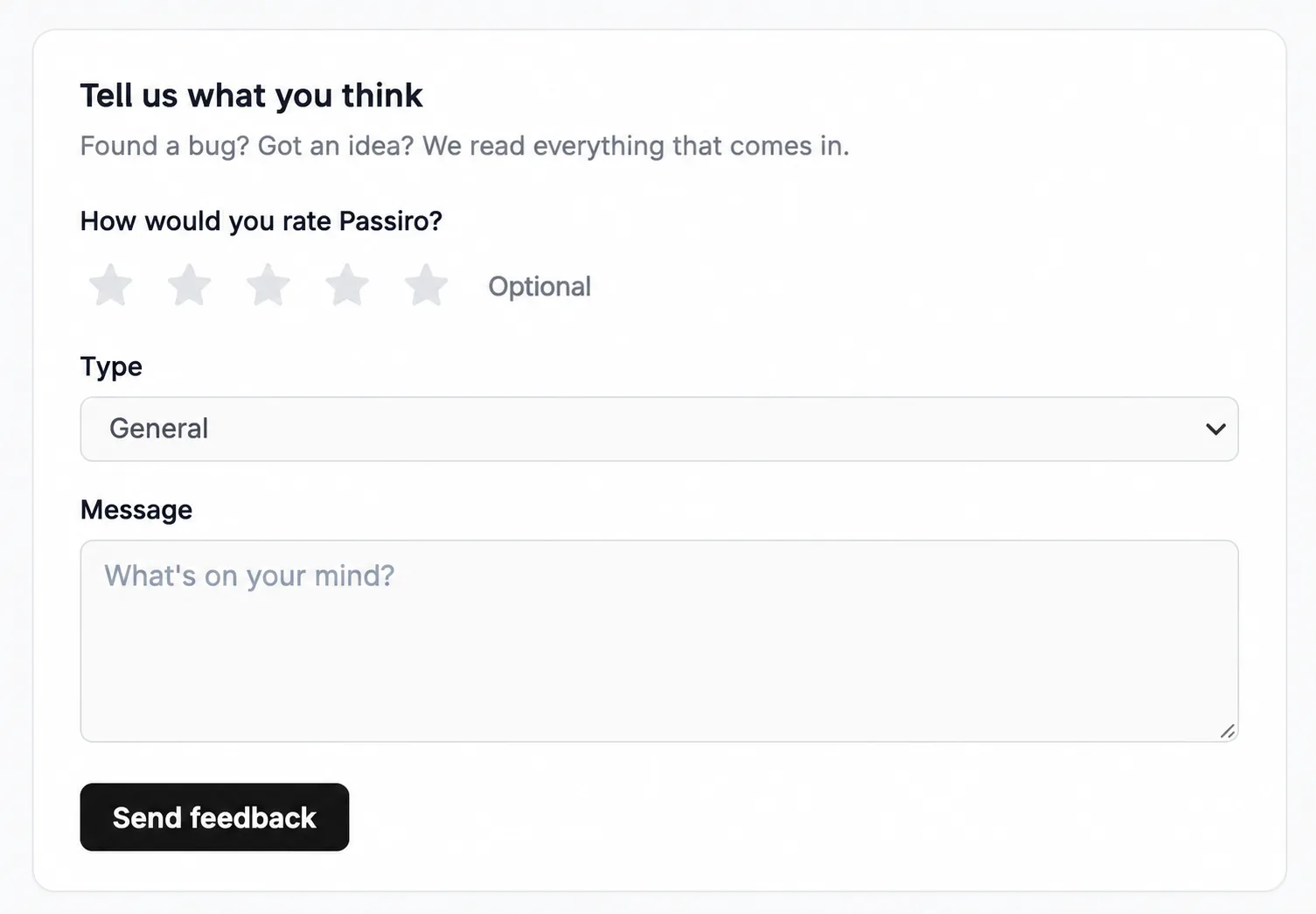 The feedback form with an optional star rating, the Type menu, the Message field and the Send feedback button.