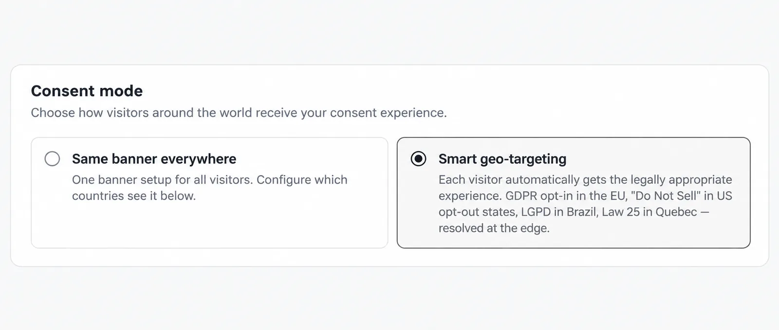 The Consent mode choice between Same banner everywhere and Smart geo-targeting.