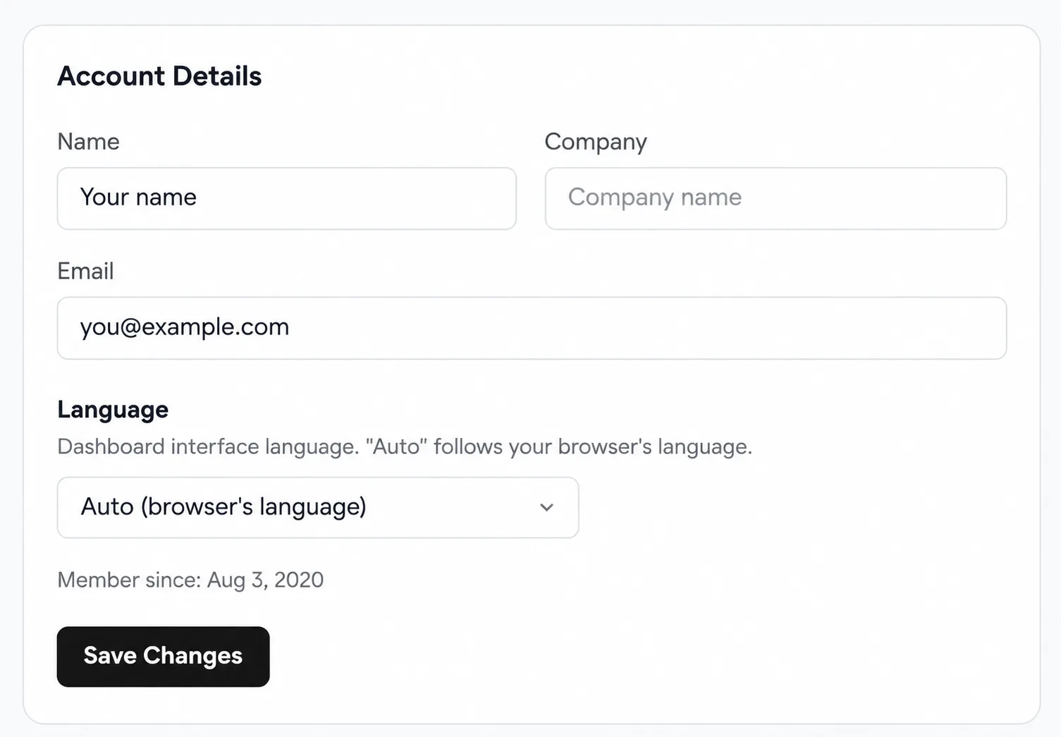 Account Details with the Name, Company and Email fields, the Language menu and the Save Changes button.