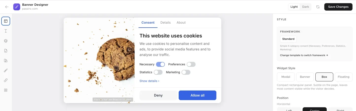 A Passiro cookie banner with an image, consent category toggles and Deny and Allow all buttons.